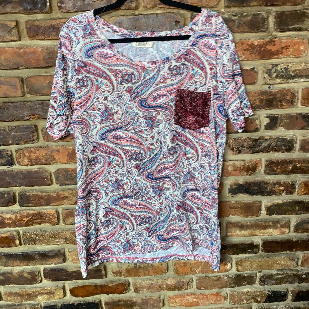 Cheekys Brand Paisley Sequined Pocket Short Sleeve Blouse Women's Size XXL